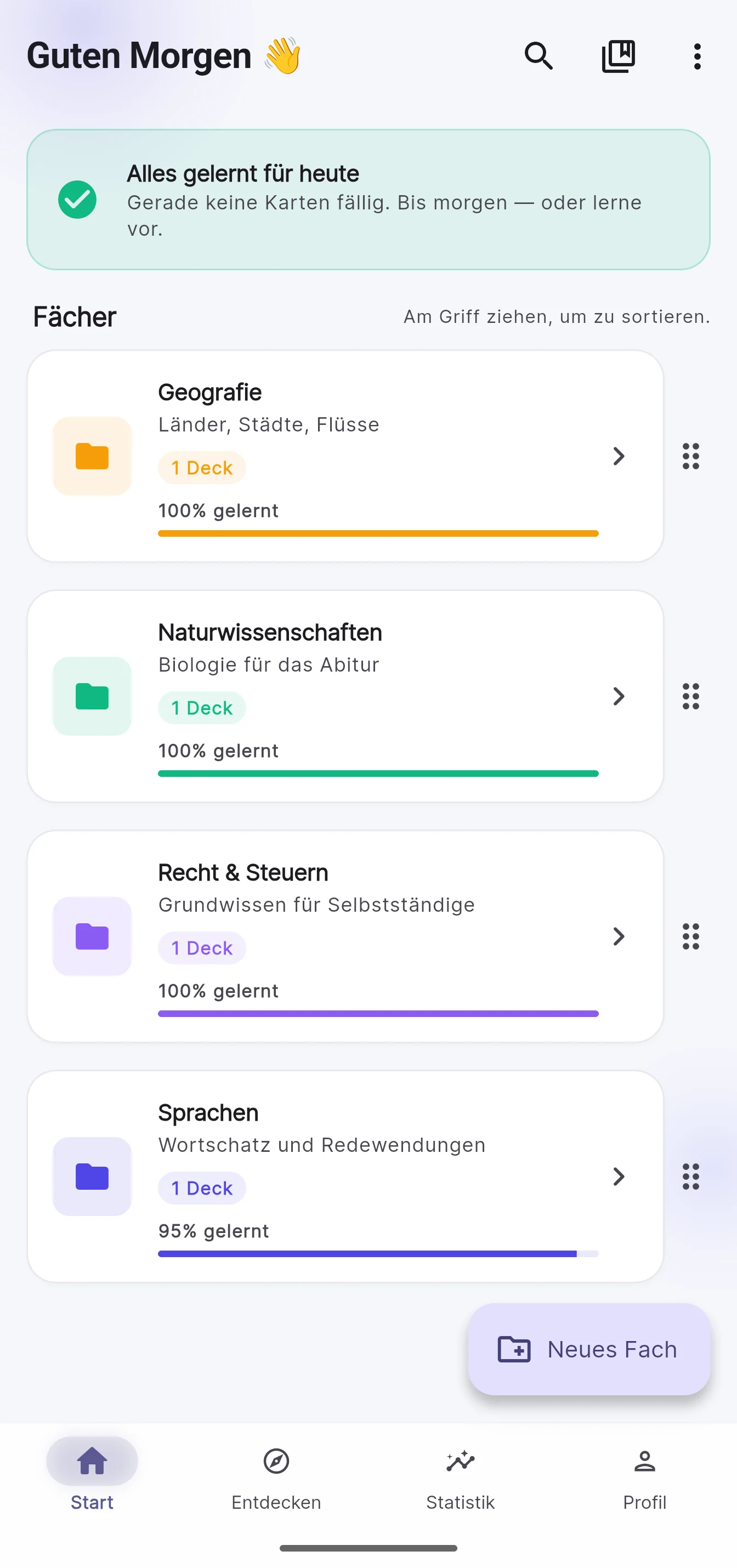 Startseite: Fächer mit ihren Decks und dem Lernfortschritt.