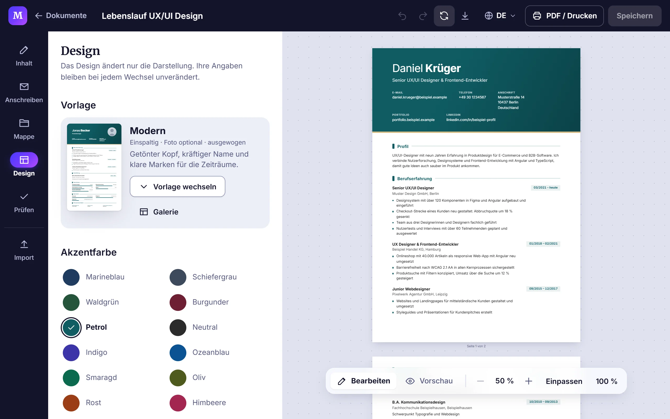 Design eines Lebenslaufs: Vorlage, Akzentfarbe und die Live-Vorschau.
