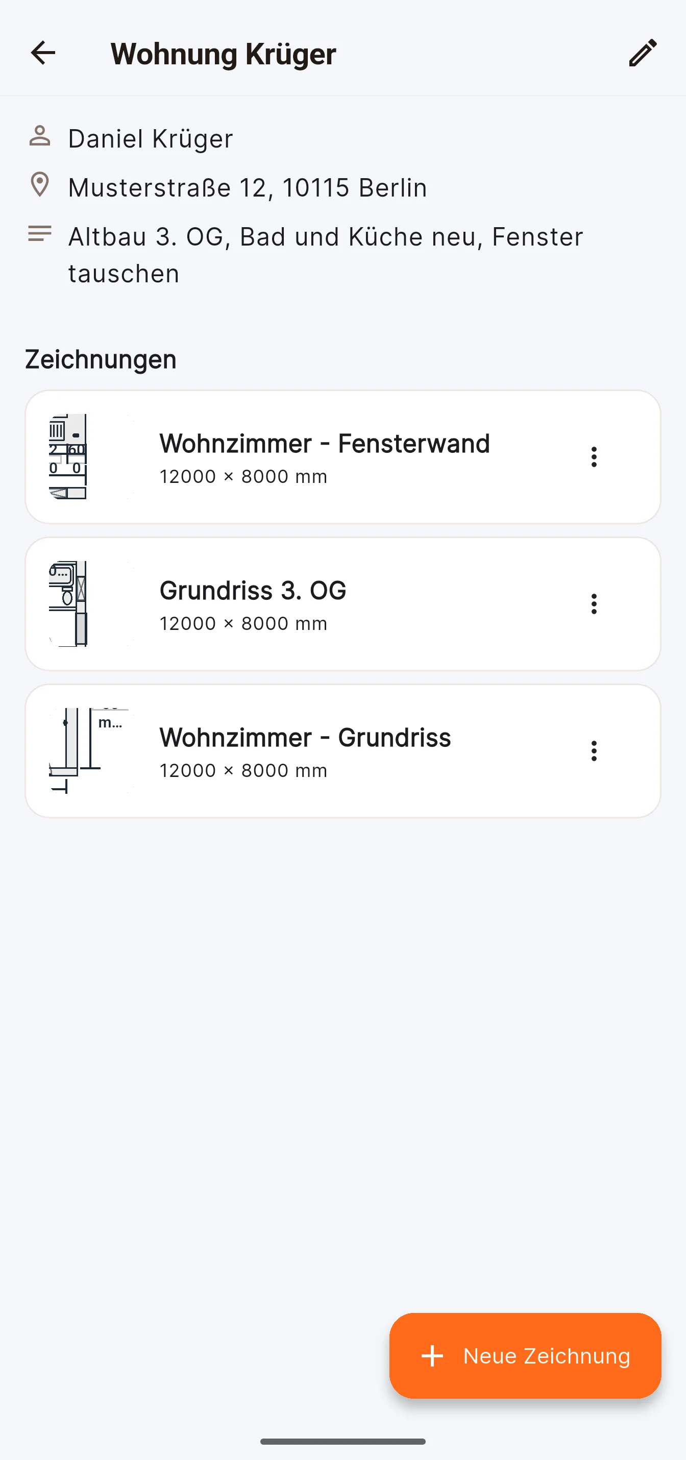 Ein Projekt mit Kunde, Adresse, Notiz und seinen Zeichnungen.