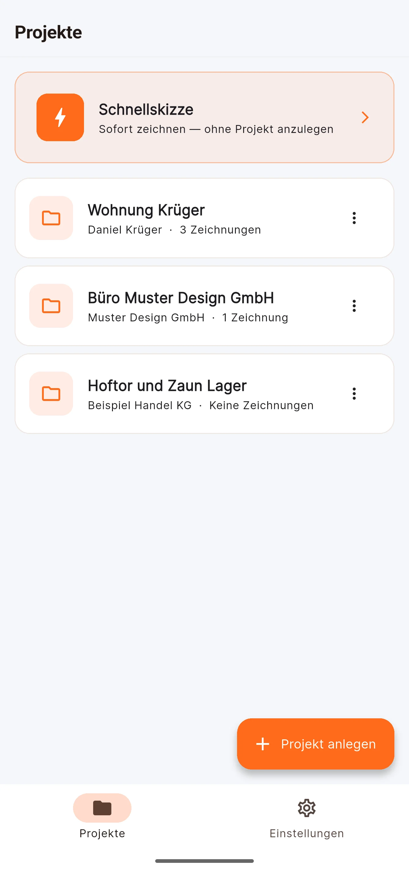 Projektliste mit Kunde und Anzahl der Zeichnungen, dazu die Schnellskizze ohne Projekt.