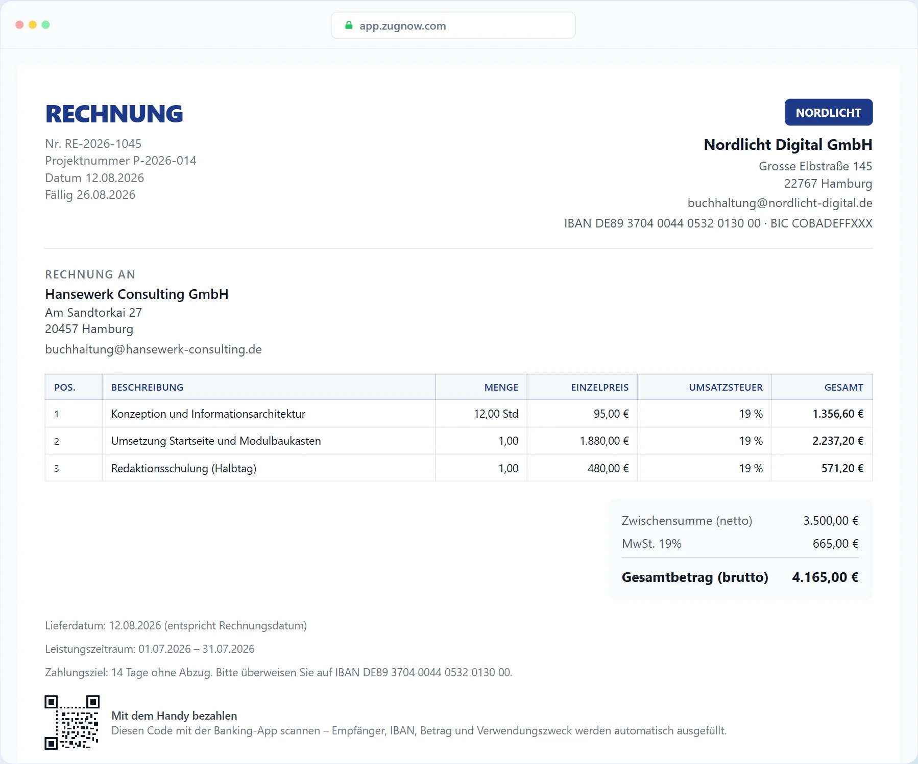 Eine Rechnung mit drei Positionen zu 19 % USt., Nettobetrag, Gesamtbetrag und QR-Code zum Bezahlen.