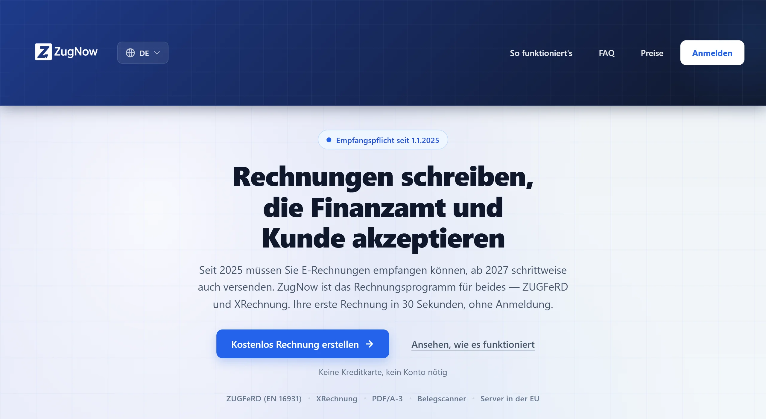 Die Startseite der ZugNow-Website mit Überschrift, der Schaltfläche für die erste Rechnung und den unterstützten Formaten.