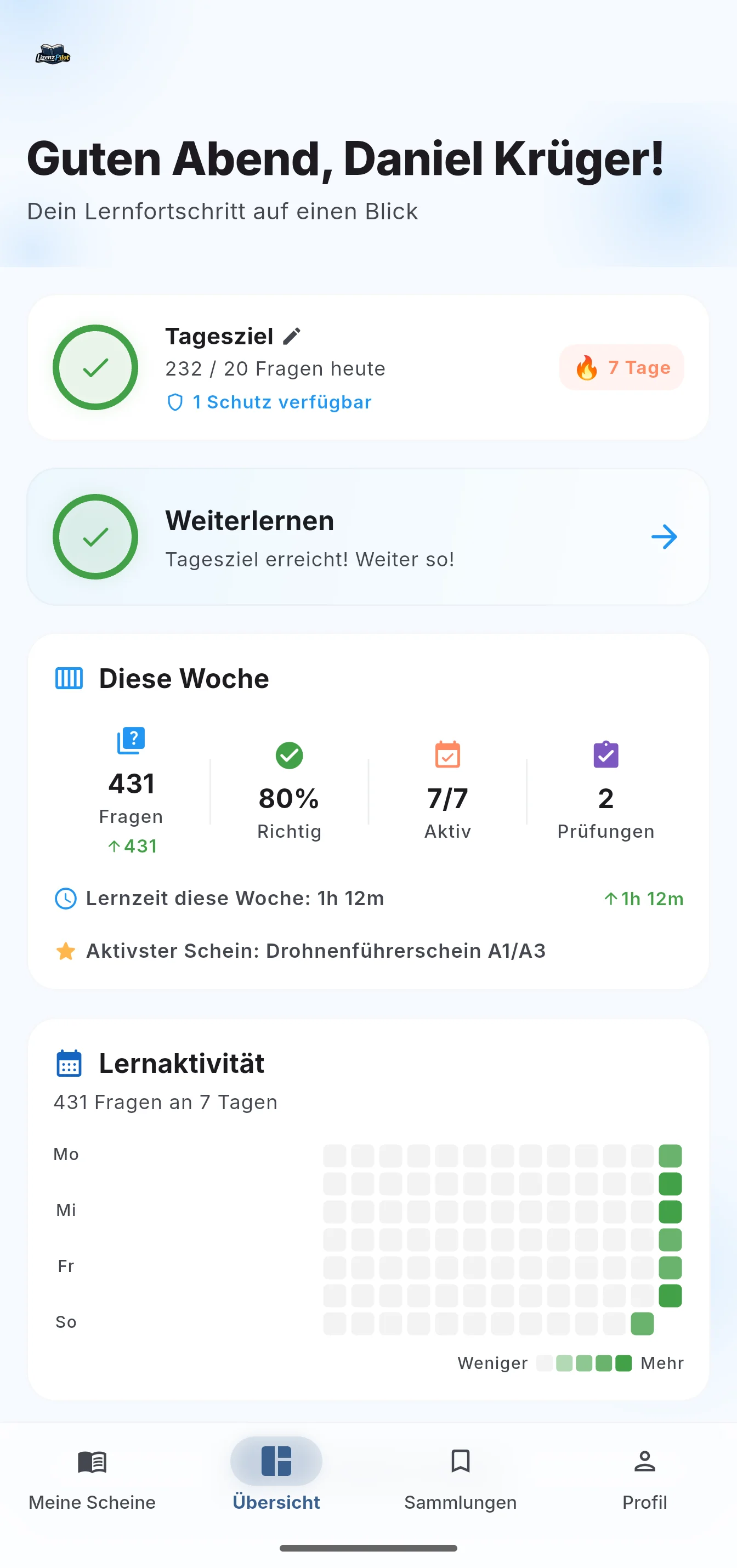 Progress: daily goal, streak, the week in numbers and the learning activity.