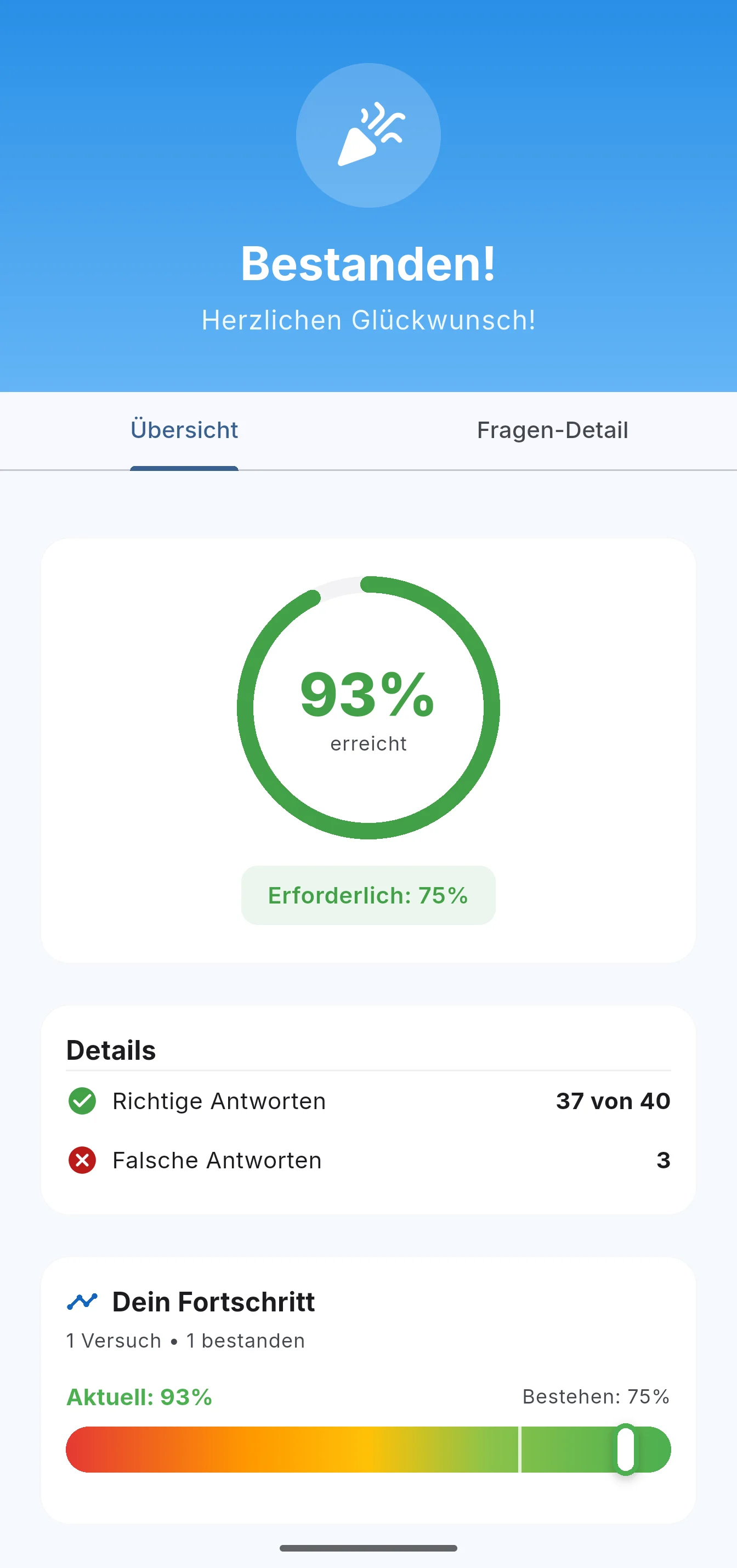 Exam passed: 93 % reached against a pass mark of 75 %, 37 of 40 answers correct.