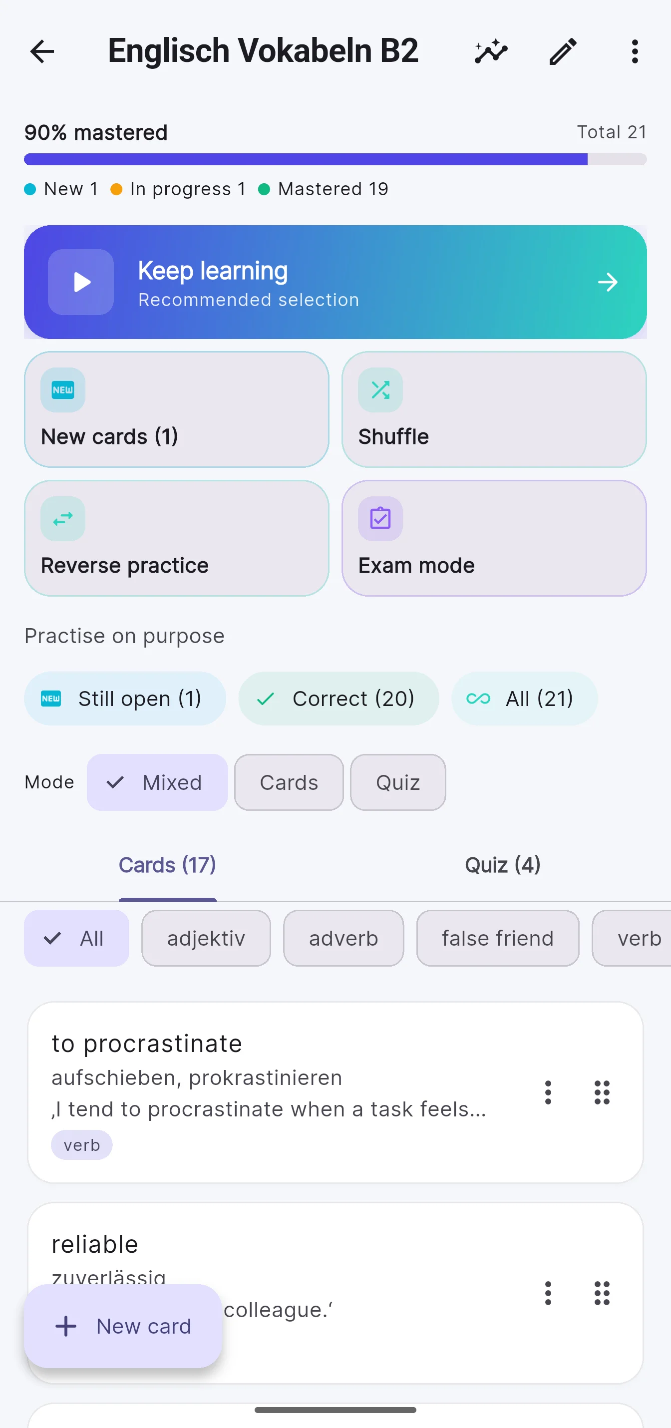 A deck with its progress, study modes and cards.