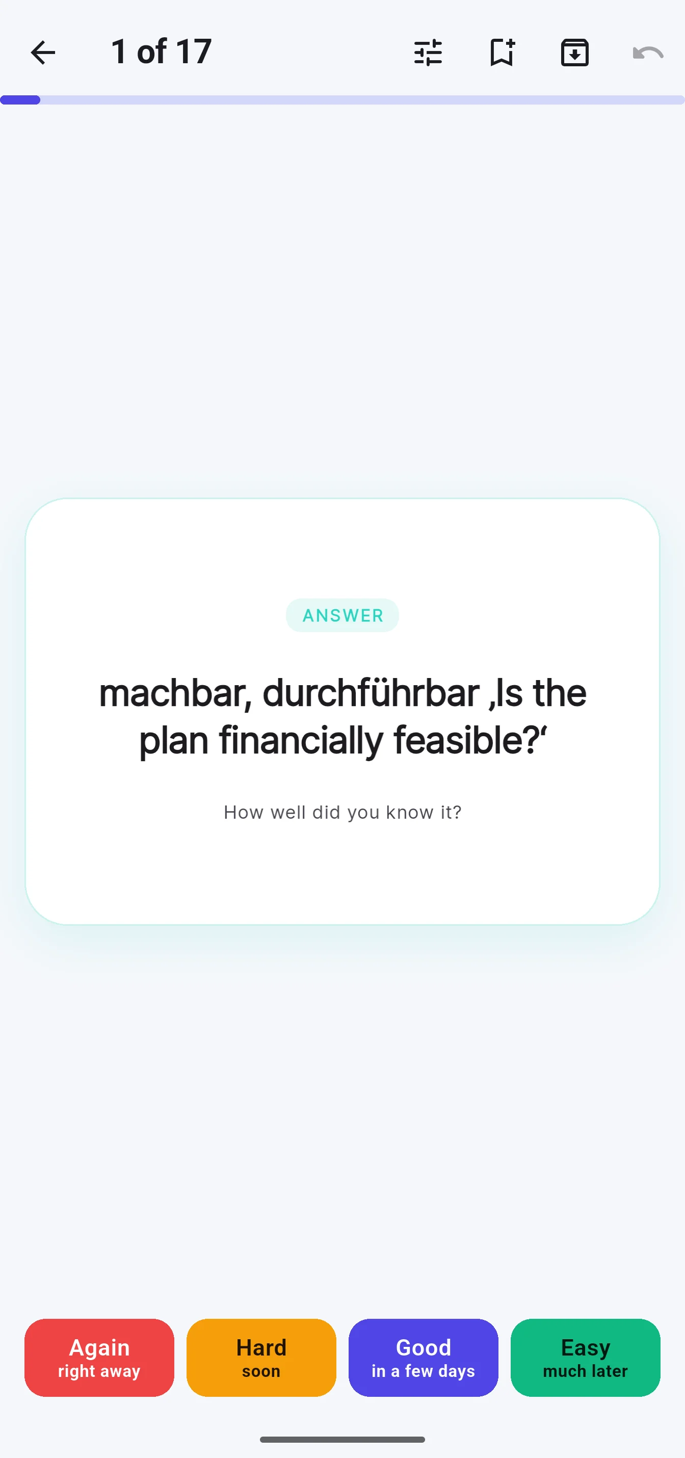 A flashcard during review: the answer is revealed, below it the four ratings.
