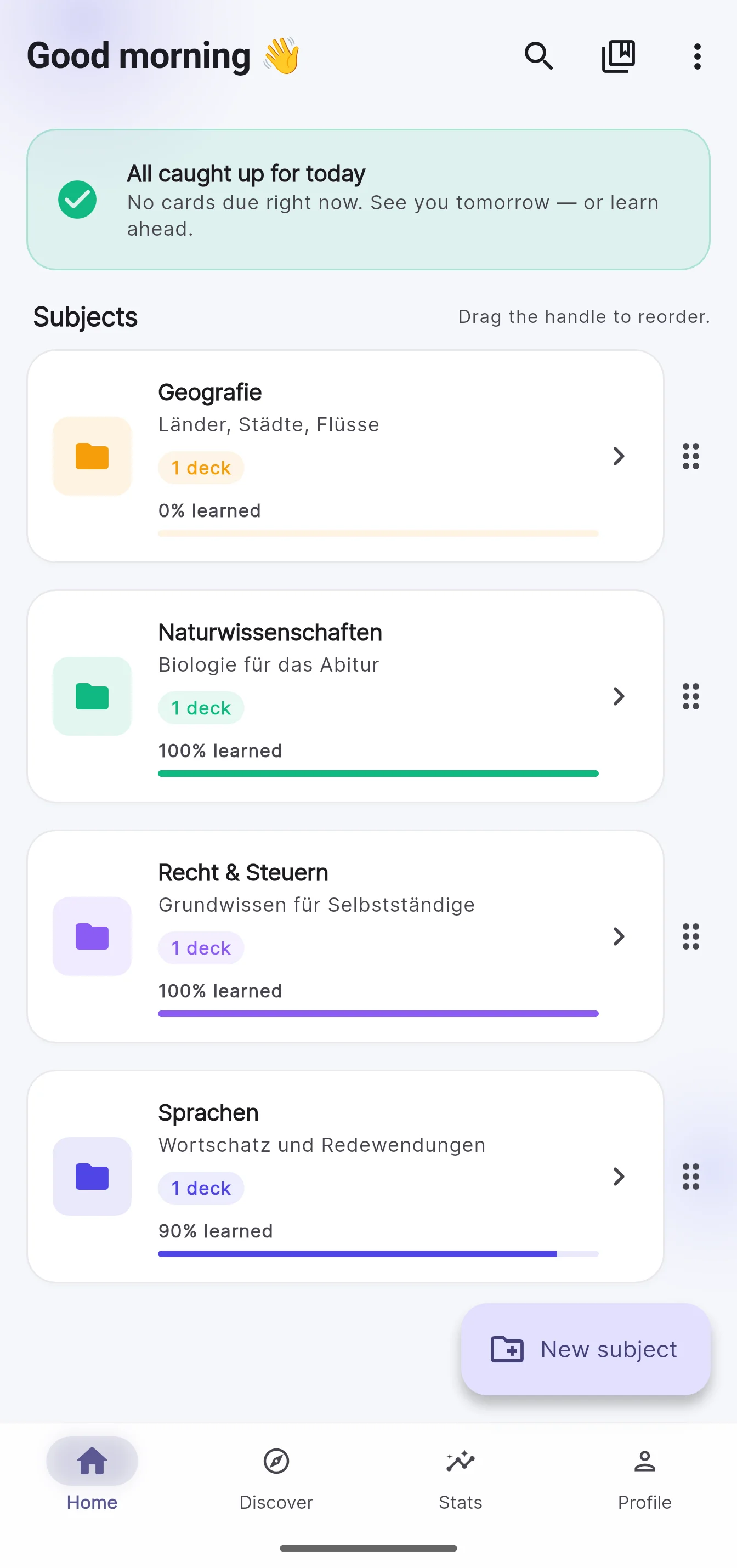 Home screen: subjects with their decks and learning progress.