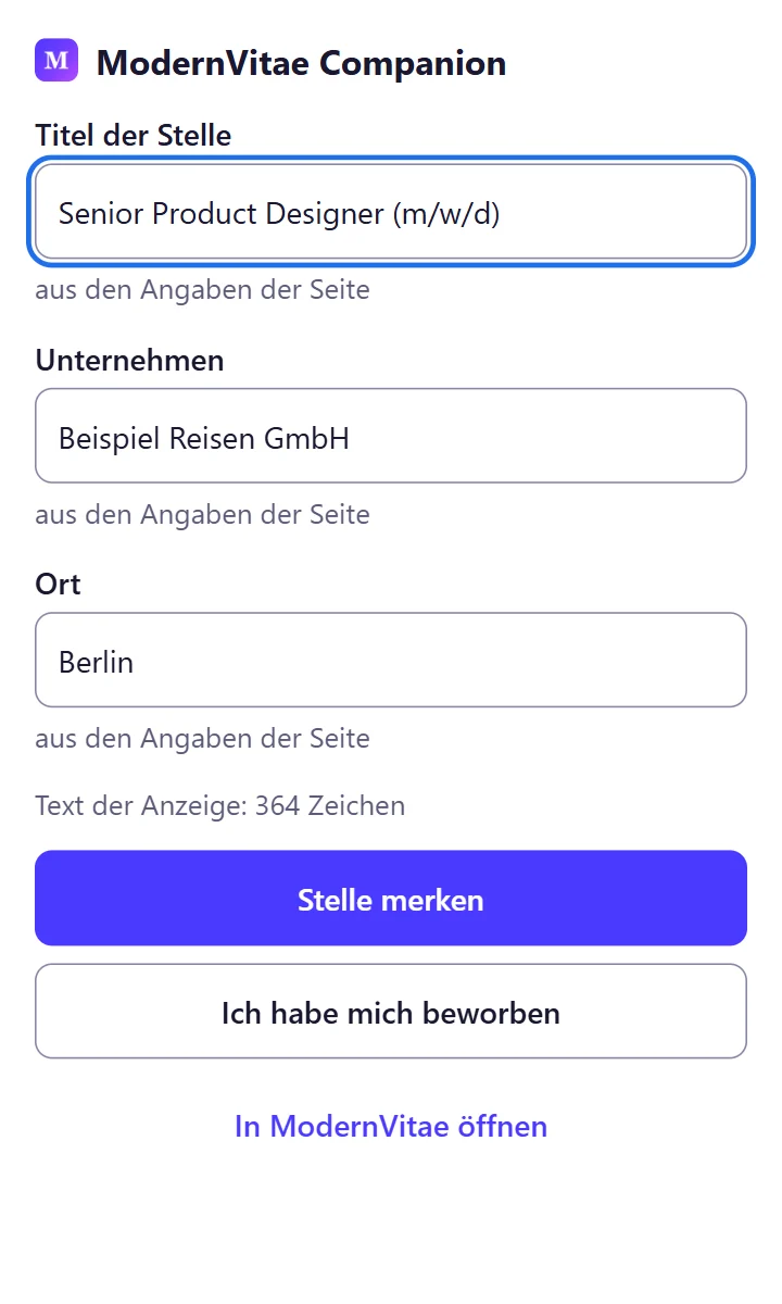 ModernVitae Companion for Chrome and Edge: title, company and location of the job ad open in the browser, ready to save.