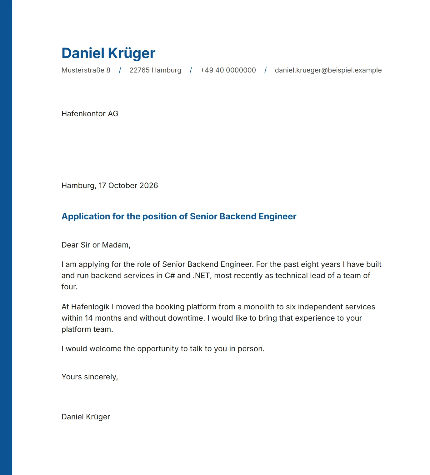 A finished cover letter in the design of the CV.