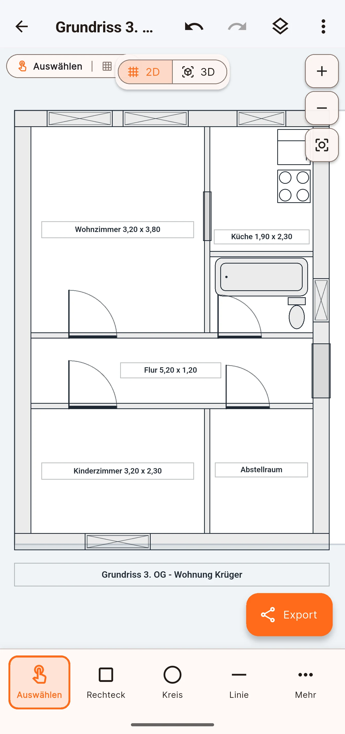 Floor plan of a flat with rooms and their sizes, doors, windows, a kitchen with stove and a bathroom with tub and toilet.