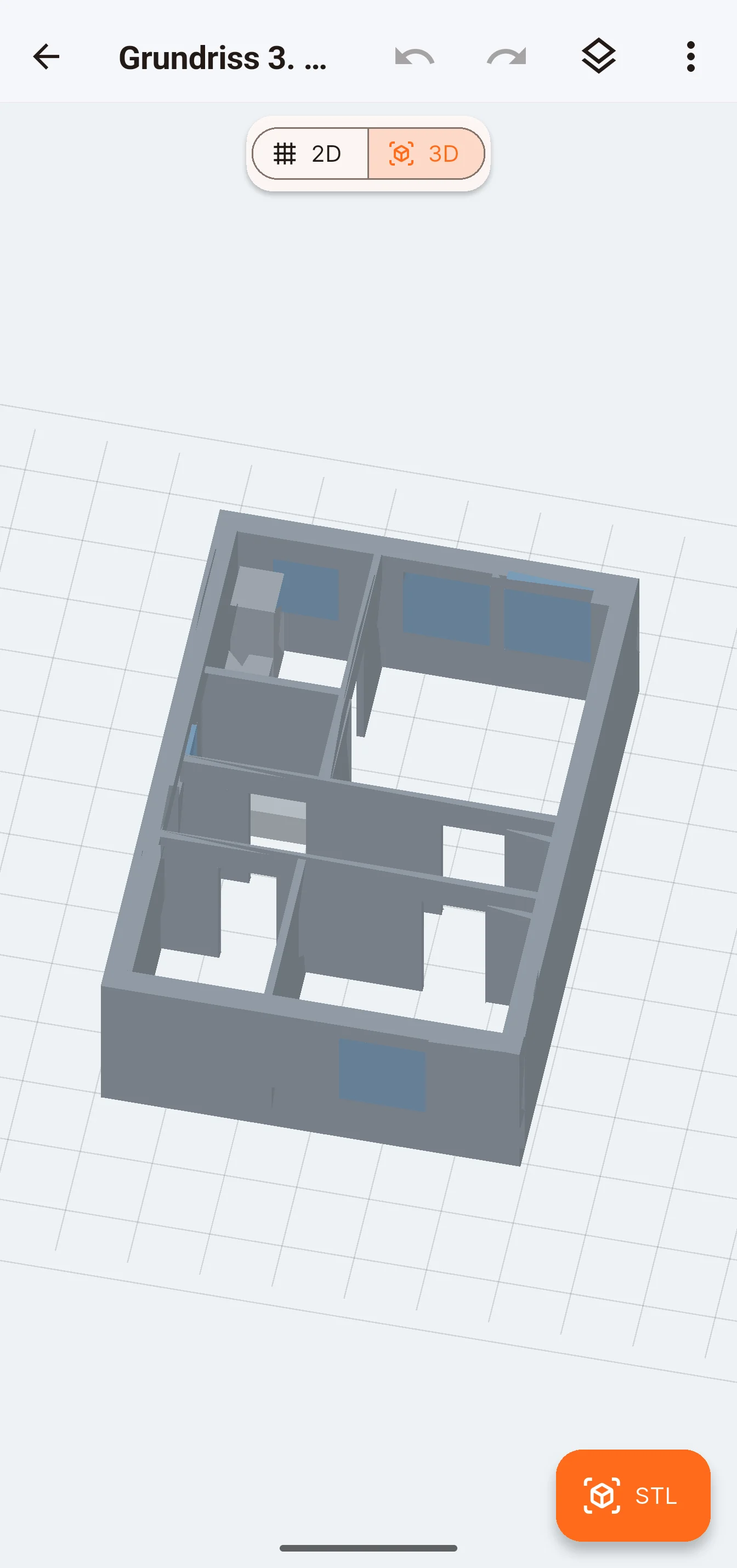 The same floor plan as a 3D model with walls, window openings and fittings, and a button to export it as STL.
