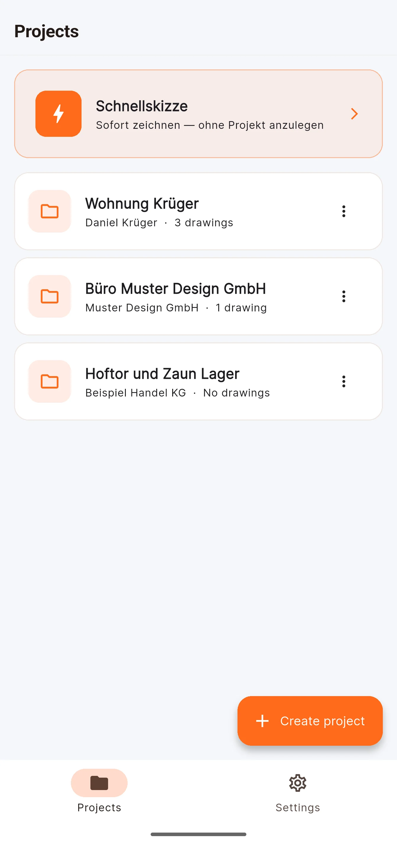 Project list with customer and number of drawings, and a quick sketch without a project.
